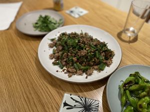 Stir fried ground pork on a serving plate