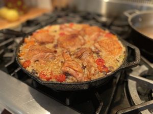 Chicken and rice in a cast iron skillet