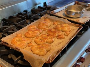 Pretzels on a baking sheet