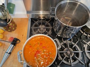 Tomato sauce cooking (beans in the background)