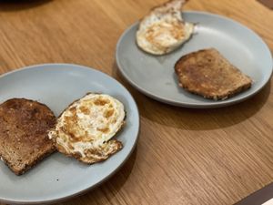 Fried eggs and toast on plates