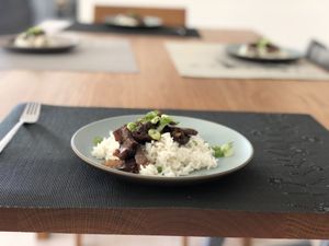 Sliced steak served on rice, sprinkled with green onions