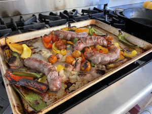 Peppers and sausage in a sheet pan