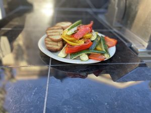Grilled bread, grilled vegetables on a plate