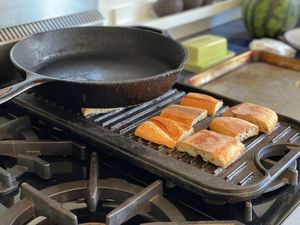 Toast on a grill pan with a cast iron skillet for a press