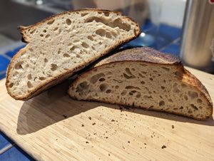 A round of bread, cut in half